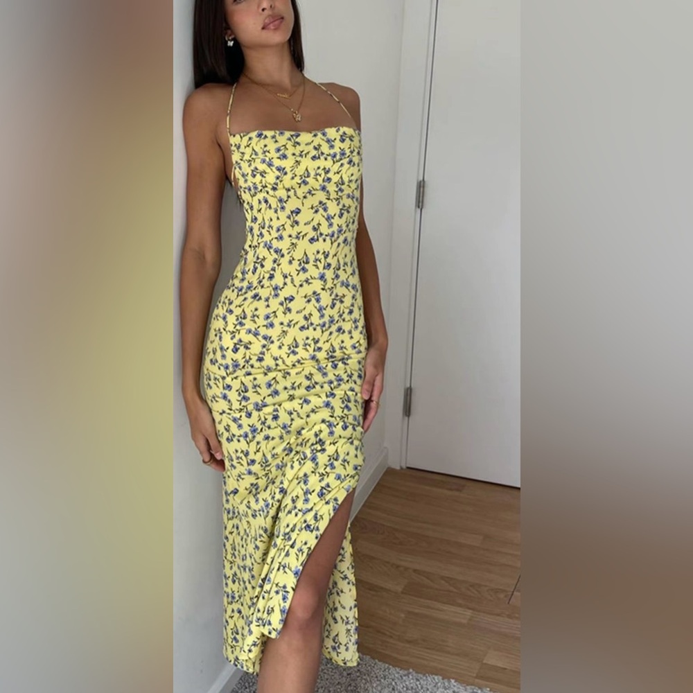 Floral Yellow Backless Maxi Dress